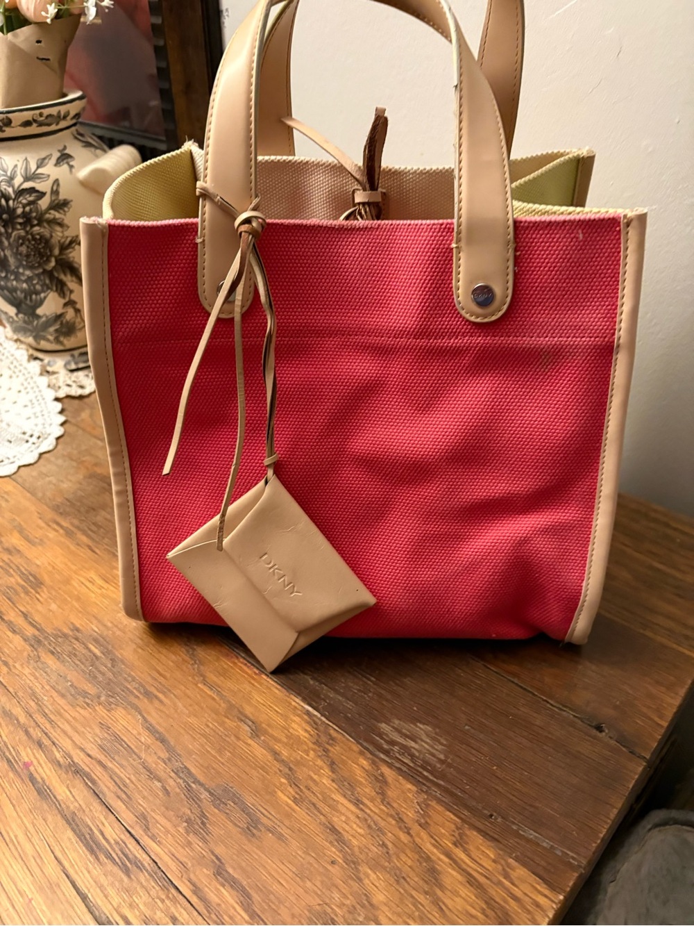 DKNY Coral Canvas Tote with Beige Trim and Handles with detachable leather pouch